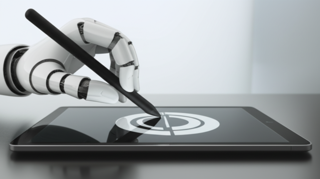 An AI robot hand designing a sleek, modern logo on a digital tablet.