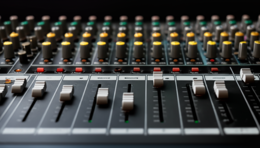 A simplified, stylized sound mixing board with sliders for audio effects.