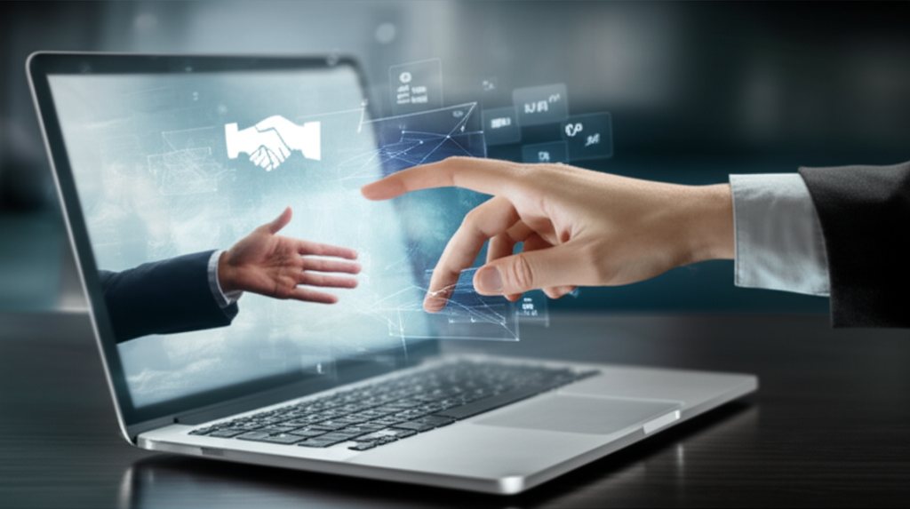 A hand signing a digital contract emerging from a laptop screen, symbolizing a brand deal.