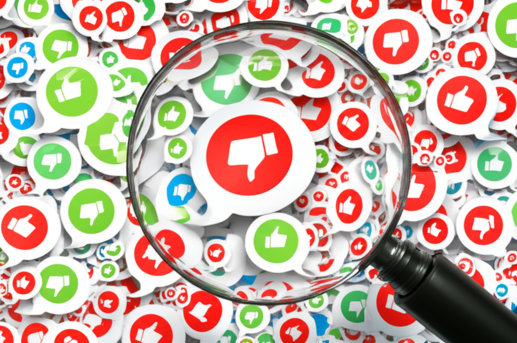 A magnifying glass over comment bubbles, highlighting positive and negative sentiment.