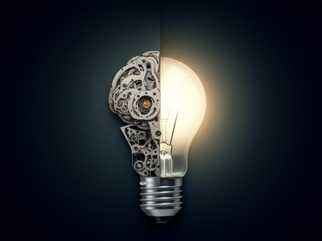 An intricate clockwork brain transitioning into a simple, glowing lightbulb.