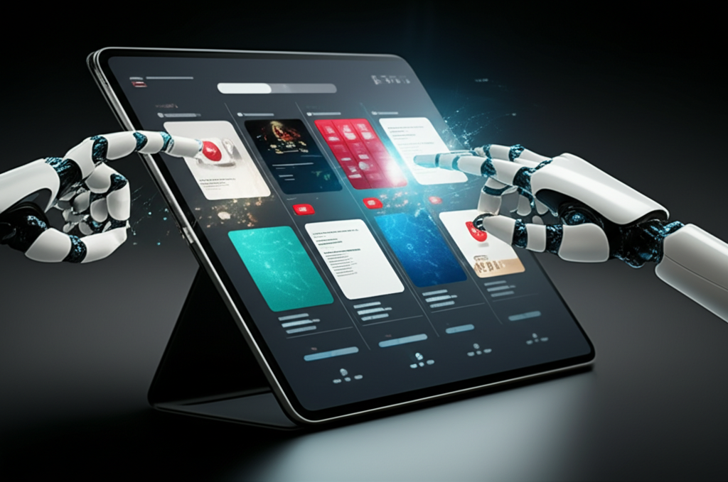 AI robot hands automatically filling a digital content calendar on a tablet.