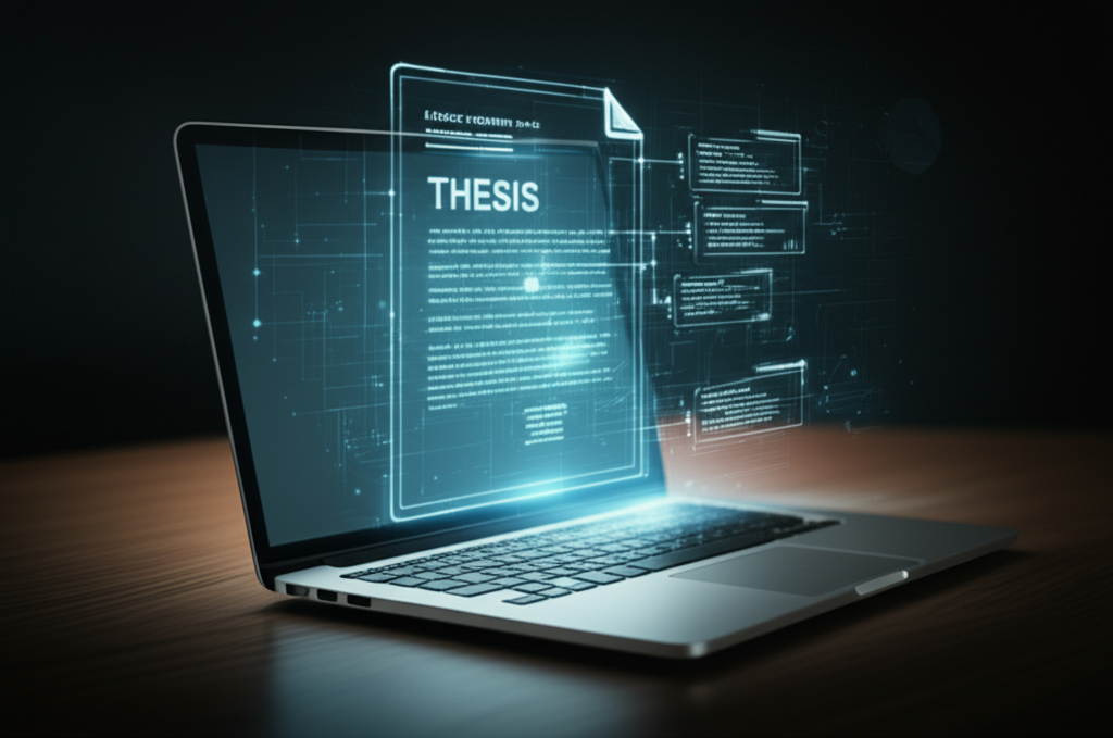 A glowing, structured outline of an essay floating above a laptop screen.