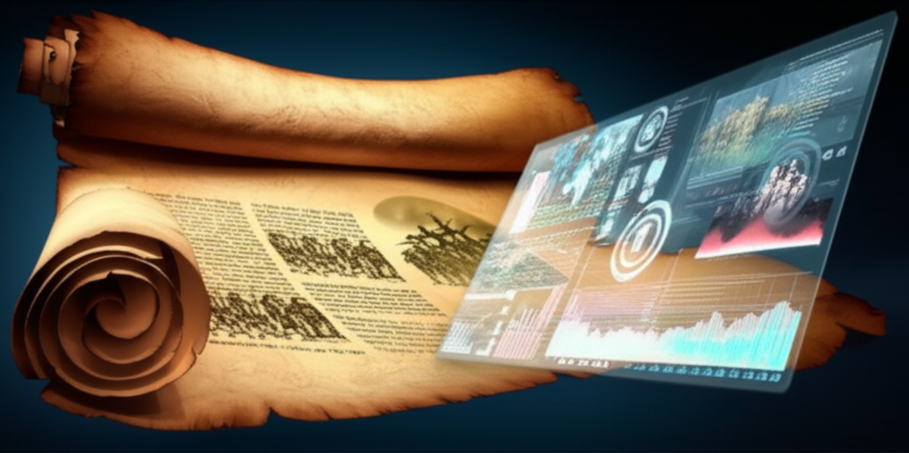 An ancient scroll unfurling to reveal a modern digital interface with charts and timelines.