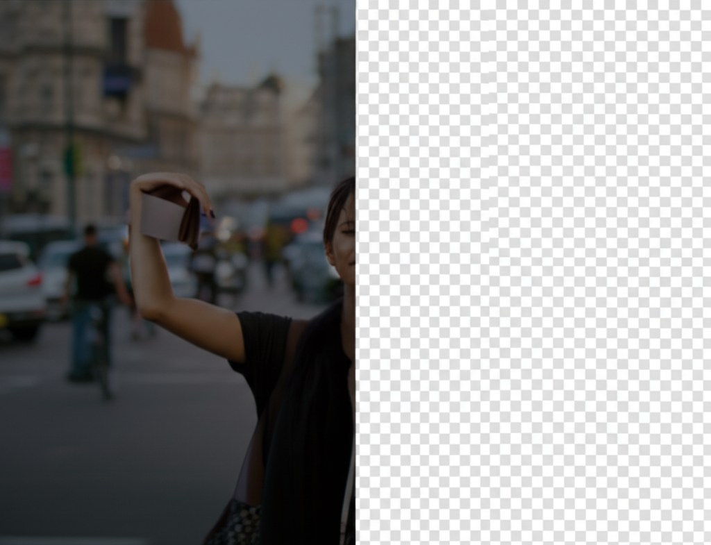 A side-by-side comparison of a photo with a busy background and the same photo with the background removed.