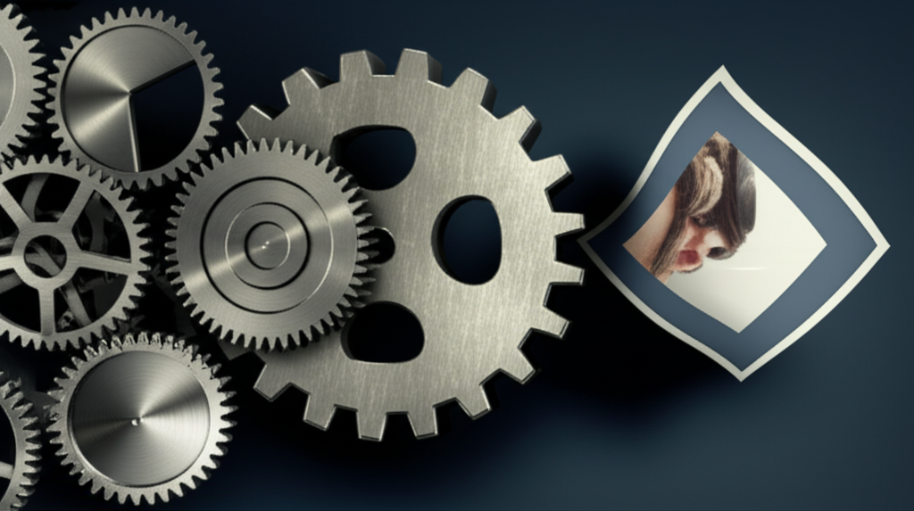 An image being passed through gears, changing size and format.