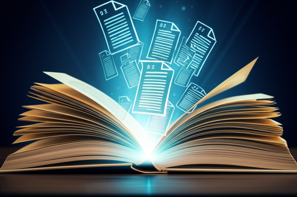 Text lifting off the page of a book and arranging itself into a digital document.