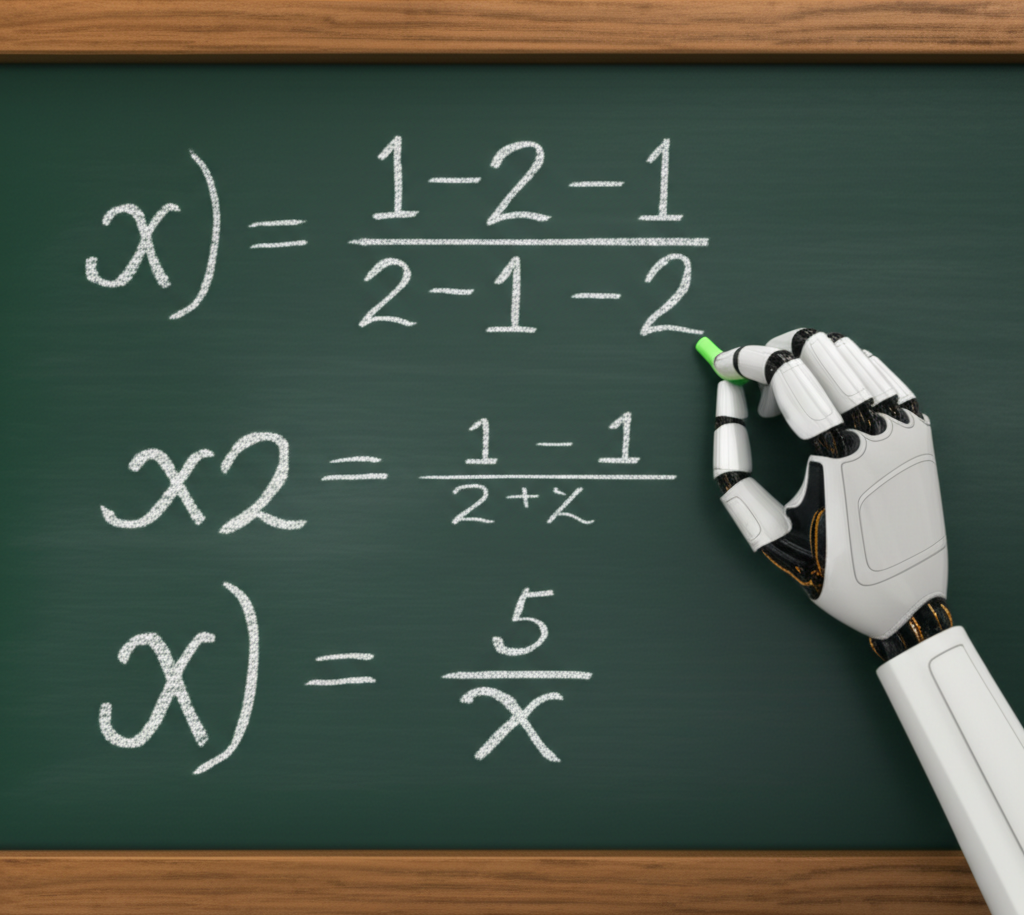 A robot hand writing out the solution to a complex math problem on a chalkboard.