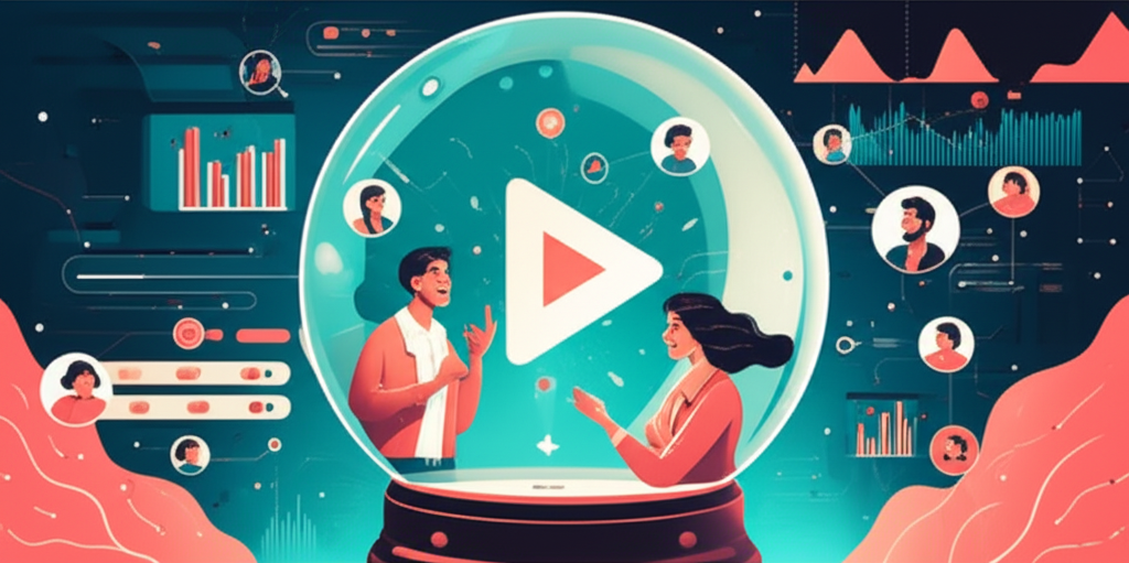 A crystal ball showing a trending video icon to an excited user, representing AI recommendations.