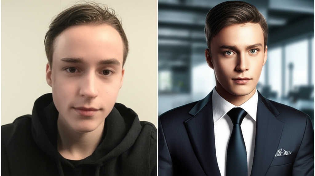 A before-and-after comparison of a casual photo and an AI-generated professional headshot.