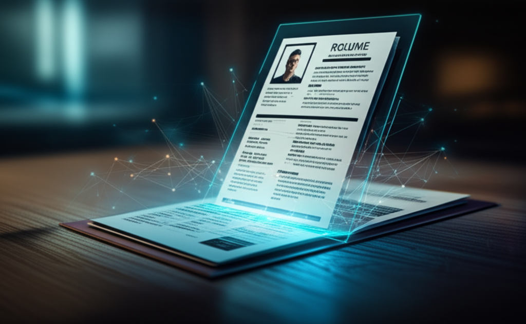 A futuristic AI interface scanning a resume and highlighting matching keywords from a job description.