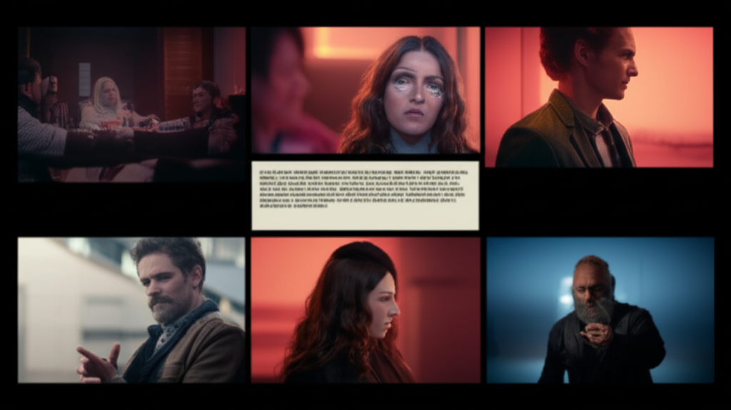 A comic book-style layout showing several storyboard panels created from a script.