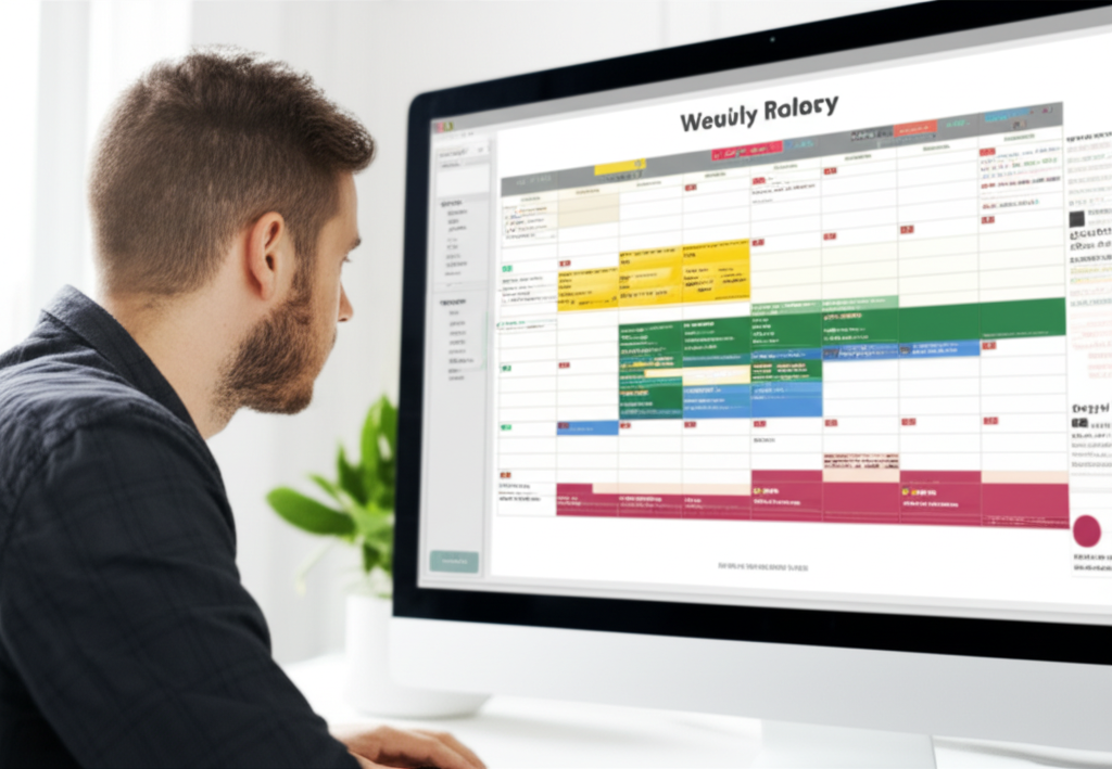 A student looking at a perfectly organized weekly calendar on a large screen.
