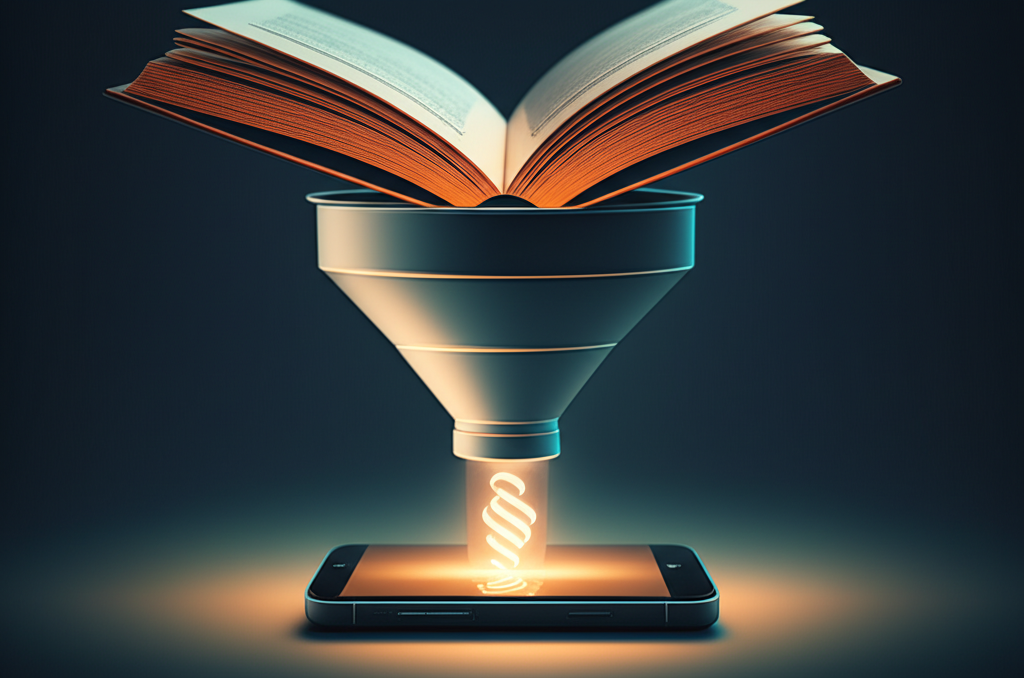 A large book being funneled into a single paragraph on a smartphone screen.