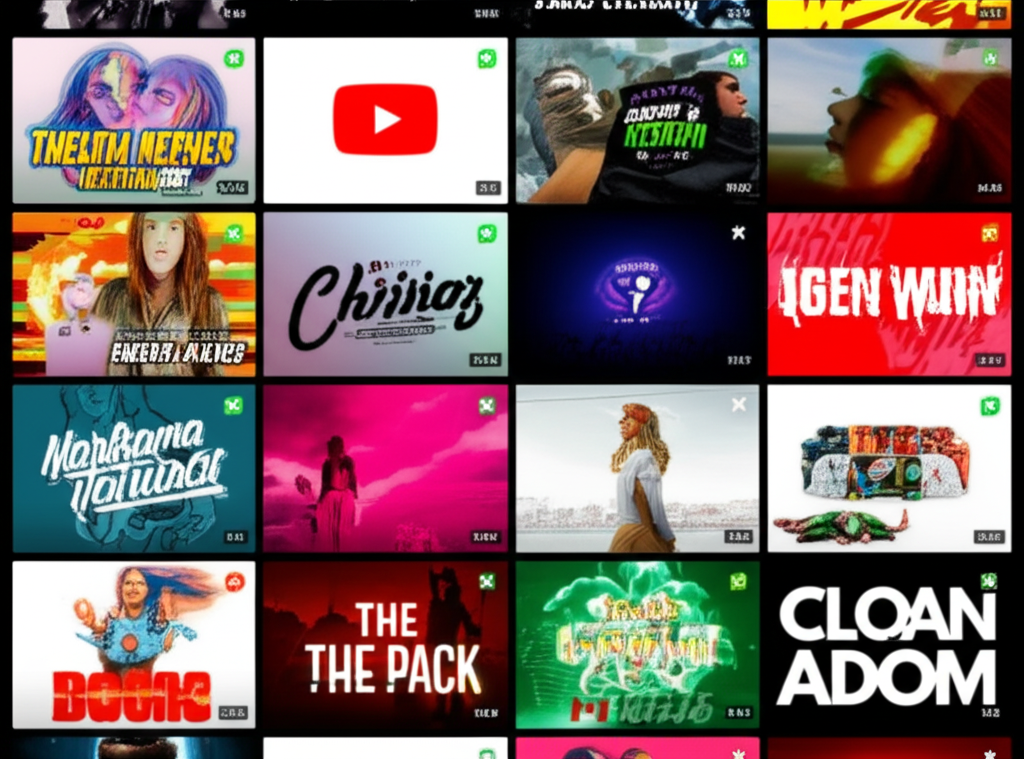 A grid of vibrant, text-free YouTube thumbnails with high view counts.