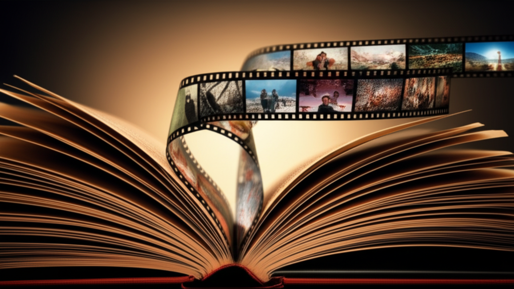 A film strip unspooling from a book, with scenes matching the text.