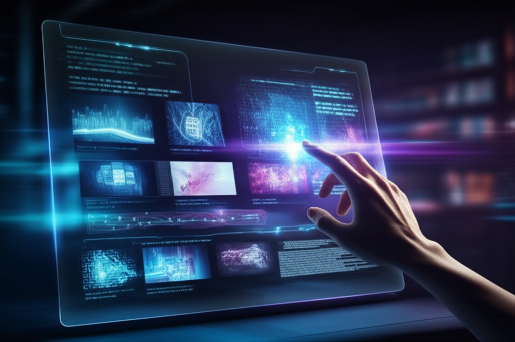 An AI generating a video script and storyboard on a futuristic interface.