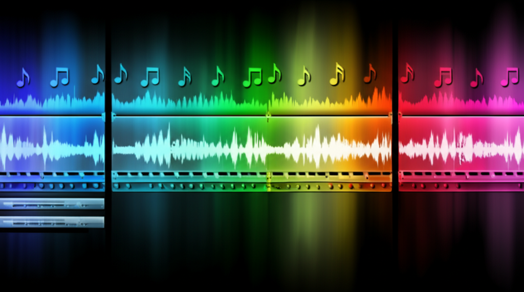 A video editing timeline filled with music notes and soundwaves, representing sound design.
