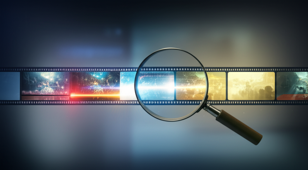 A magnifying glass highlighting glowing, viral segments on a video timeline.