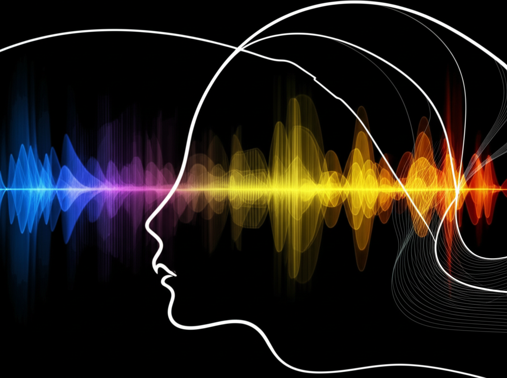 An abstract image of audio soundwaves transforming into a human face silhouette.